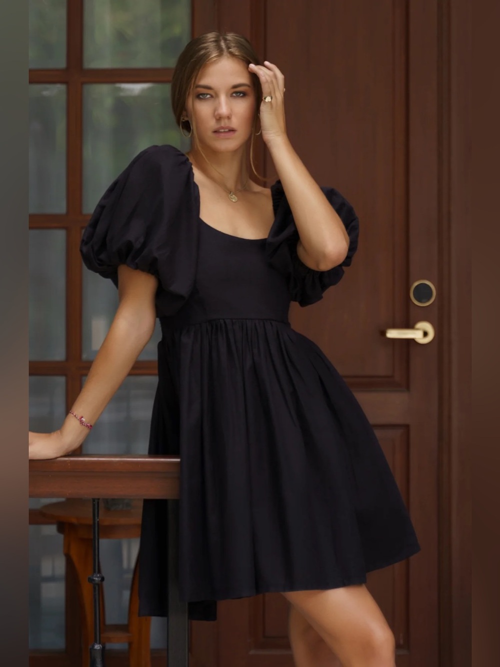 Bali Elf Strawberry Fields Black Linen Puff Sleeve Mini Dress